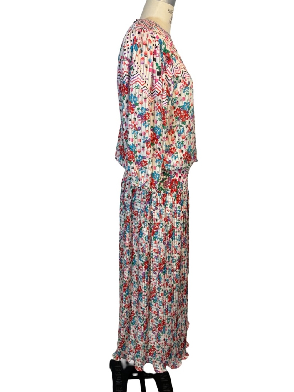 Vintage 80s Diane Freis Floral Print Dress Ruched Waist Mini Pleat Skirt - LG - Picture 3 of 10